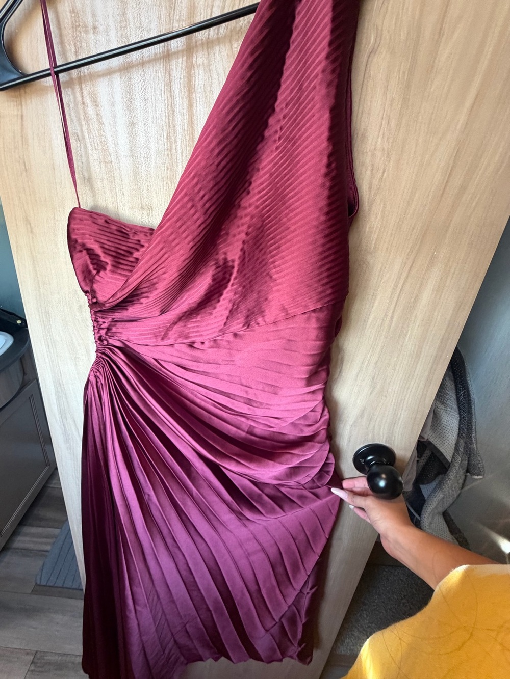 Fashion Nova Wine One-Shoulder Pleated Satin Dress